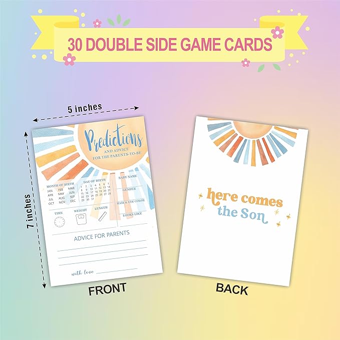 Baby Predictions & Advice Game Set -Retro Sunshine Theme Baby Shower - Watercolor Sun Theme Baby Shower Game Kit, Gender Reveal, Baby Announcement Party Favor & Supplies - A02