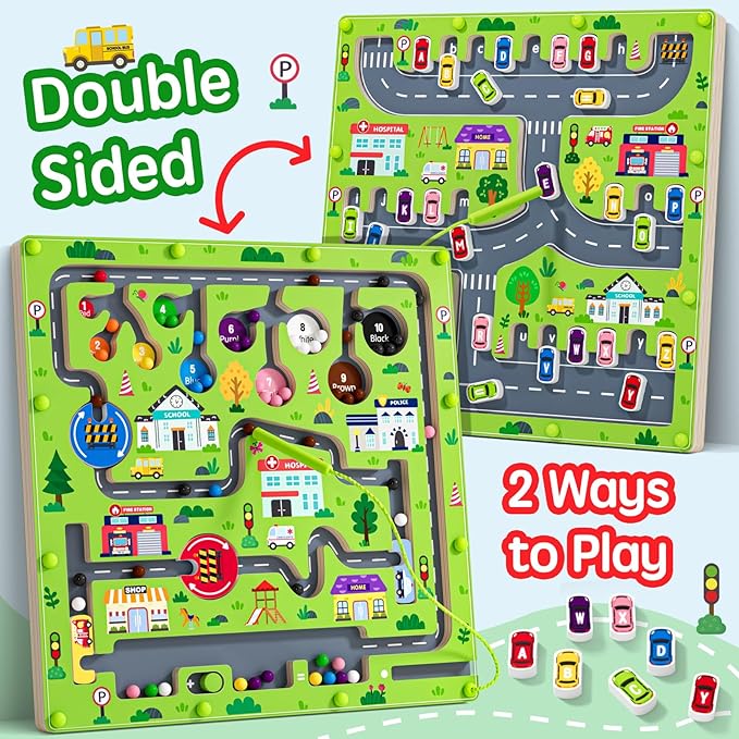 2 in 1 Magnetic Color and Number Maze Magnet Alphabet Counting Double Sided Board Wood Puzzle Fine Motor Skills Montessori Preschool Toys Gifts for Boys and Girls 3-5 Age