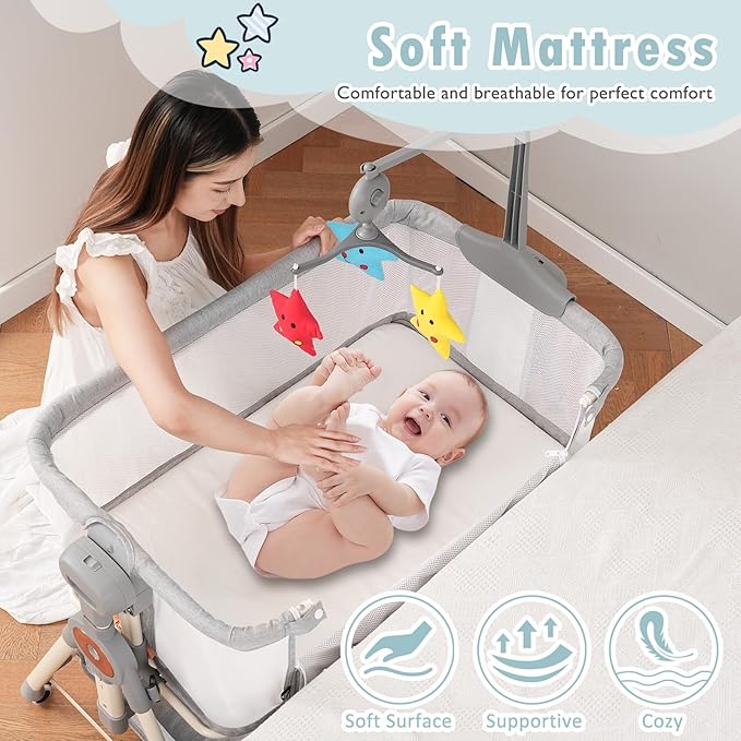 Baby Bassinet, Rocking Bassinet, 3 in 1 Bassinets Bedside Sleeper with Musical Toys, Bedside Bassinet for Baby with Storage Basket and Wheels, Adjustable Bedside Crib for Newborn (Grey)