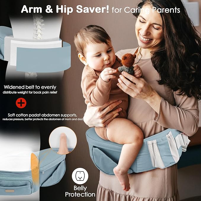 Baby Hip Seat Carrier, Adjustable Waistband with 3D Abdominal Support & Various Pockets Ergonomic Carrier for Newborns to Toddlers up to 33 lbs Medium Blue