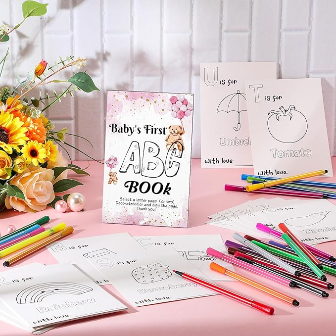 Geelin 51 Pcs Fun Baby Shower Game Activities First Abc Book Sign Coloring Game Card 26 Alphabet a to Z Coloring Card with 24 Watercolor Pen Storage Bag for Baby Shower Party(Pink Bear)