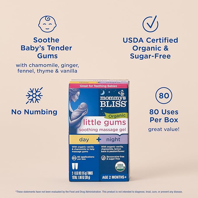 Mommy's Bliss Organic Little Gums Soothing Massage Gel Day and Night Combo, Great for Teething Babies, Age 2 Months+, Sugar Free, Mild & Sweet Flavor, 2 - 0.53 Oz Tubes (Pack of 1)