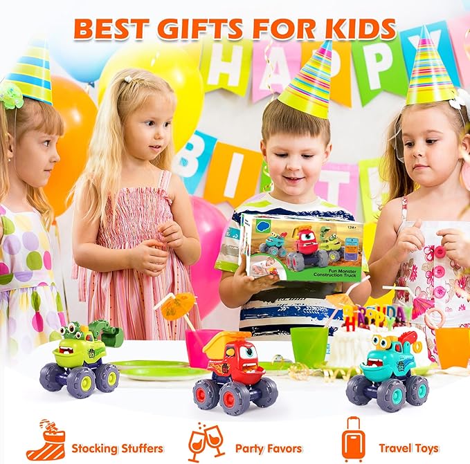 Monster Truck Toys for 1 2 3 Year Old Boy Birthday Gift, Outdoor Construction Toy Trucks Pull Back Cars for Toddlers 1-3, 1st Birthday Gifts 1 2 3 Year Old Boy Toys Baby Toddler Xmas Gifts Kids