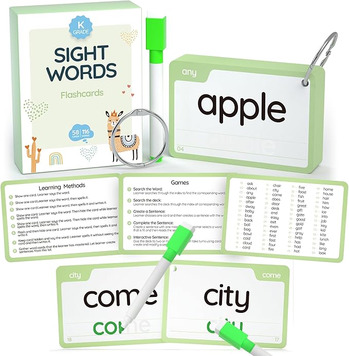 WJPC 58 Cards, 116PCS High Frequency Sight Words Flash Cards (Kindergarten), Phonics Learning Cards for Kids Ages 4,5,6 Years. Learn to Read, Write.