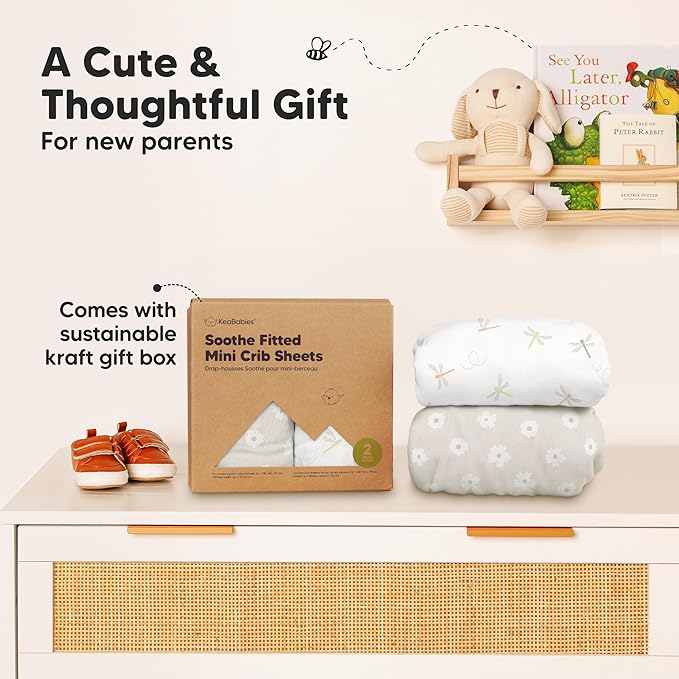 2-Pack Mini Crib Sheets Fitted - 38x26 Pack N Play Sheets for Pack and Play Mattress, Organic Cotton, Soft & Breathable Playard Bedding, Neutral Mini Toddler Bed Cover for Boys, Girls (Meadow)