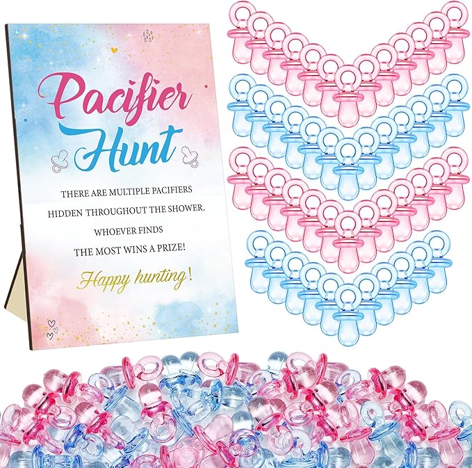 Thyle 51 Pcs Pacifier Hunt Baby Shower Games Include Hunt Sign and 50 Acrylic Pacifiers for Baby Shower Game Decoration Gift Sets Gender Reveal Party Decor(Gender Reveal)