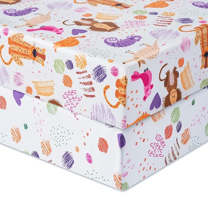 TILLYOU Baby Crib Sheets for Boys Girls, Super Soft Toddler Bed Sheets, 2 Pack Sheets for Standard Crib Mattress 28x52in, Animal Graffiti