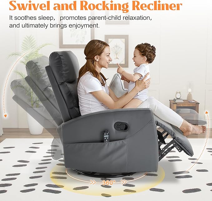 Manual Swivel Rocker Recliner Chair with Massage, Overstuffed Recliner Glider with Vibration Massage and Heat for Nursery, Living Room Reclining Sofa Chair, PU Leather Gray