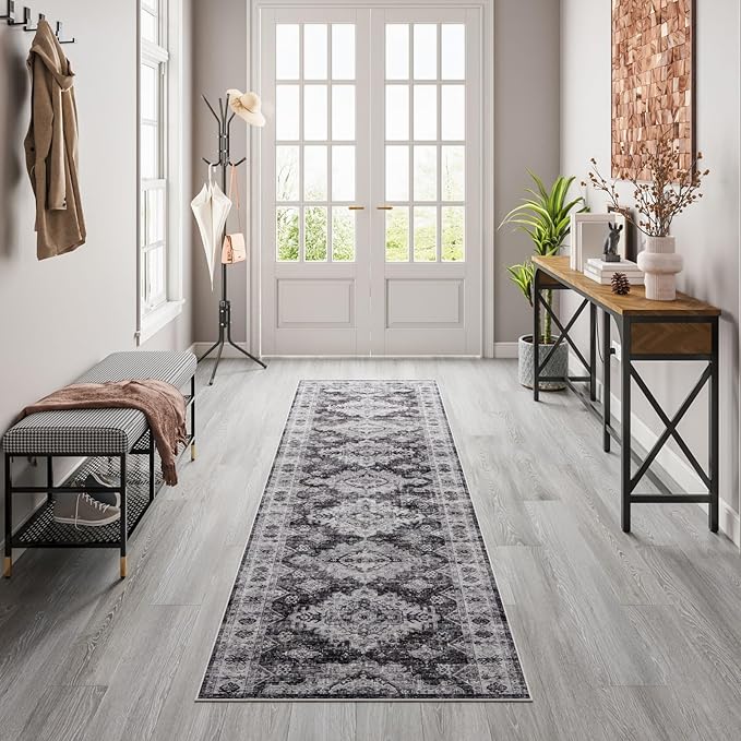 Dripex Washble Runner Rug-2x8 Distressed Hallway Runner Non-Skid Stain-Resistant Kitchen Rug Runner with Rubber Backing, Soft Low Pile Rug Carpet for Entryway Living Room Bedroom