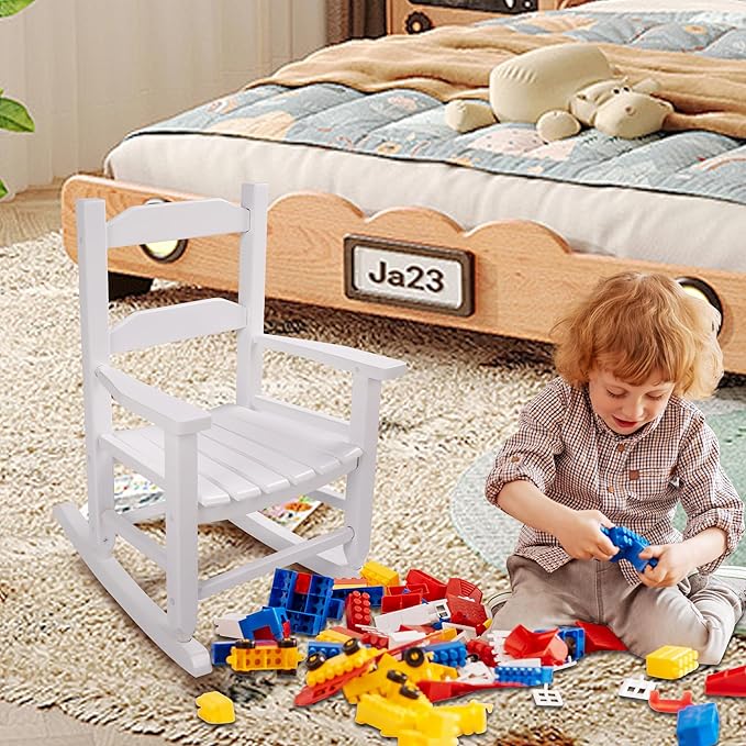 Toddler Rocking Chair Kids Wooden Indoor for Comfy Recliner Rocker for Baby Children Ages 3-6 Outdoor Lounge Chair Girls Playroom Christmas Gift White