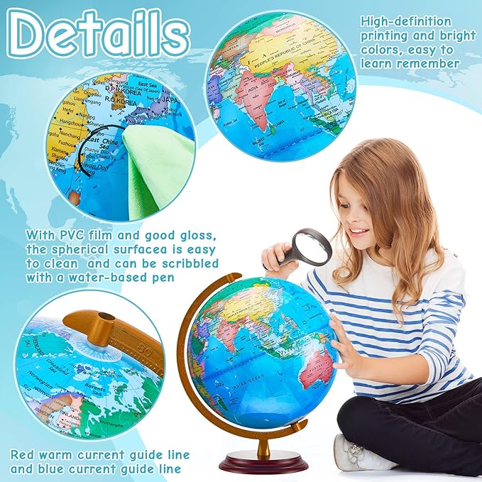 Amylove 13'' Illuminated World Globe for Adults 720°/360° Rotation Rewritable Light Up Globe with Stand World Map for Interactive Learning Light with Base Lamp LED Decor(Wood,Classic)