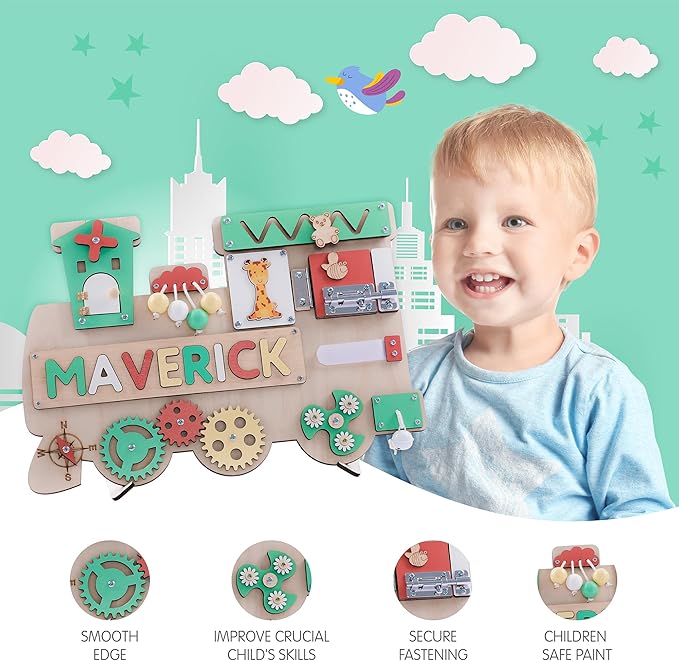 Customized Name Puzzle for Toddlers (Fixed I J Letters) Personalized Toddlers Busy Board, Baby Personalized Board for 1-5 Years Old, Birthday Gift, Montessori Toys (Khaki)