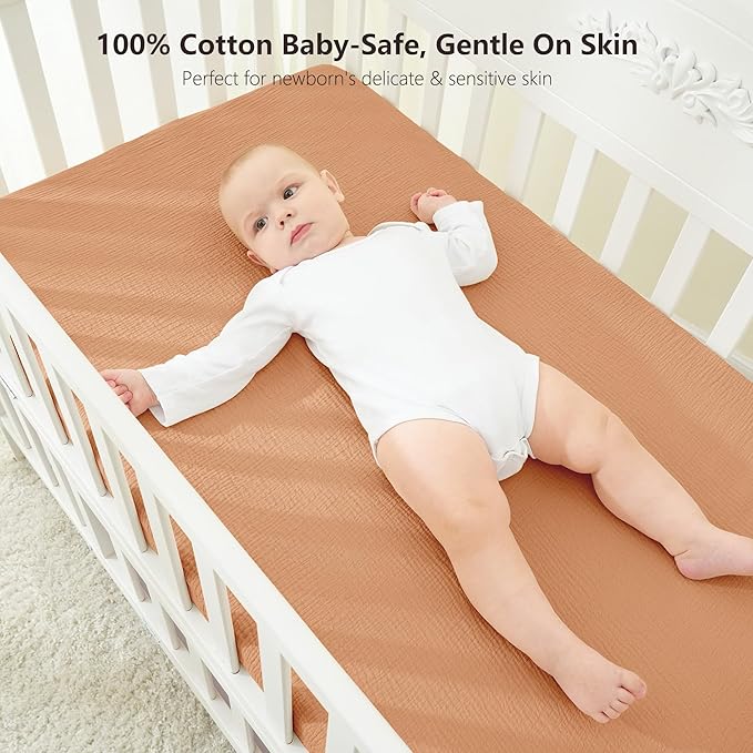 Bearmoss Muslin Mini Crib Sheets for Pack N Play Mattress - 100% Cotton - 38"x26" Soft Breathable Playard Baby Crib Sheets Neutral for Boys Girls - 2 Pack (Brown Moon)