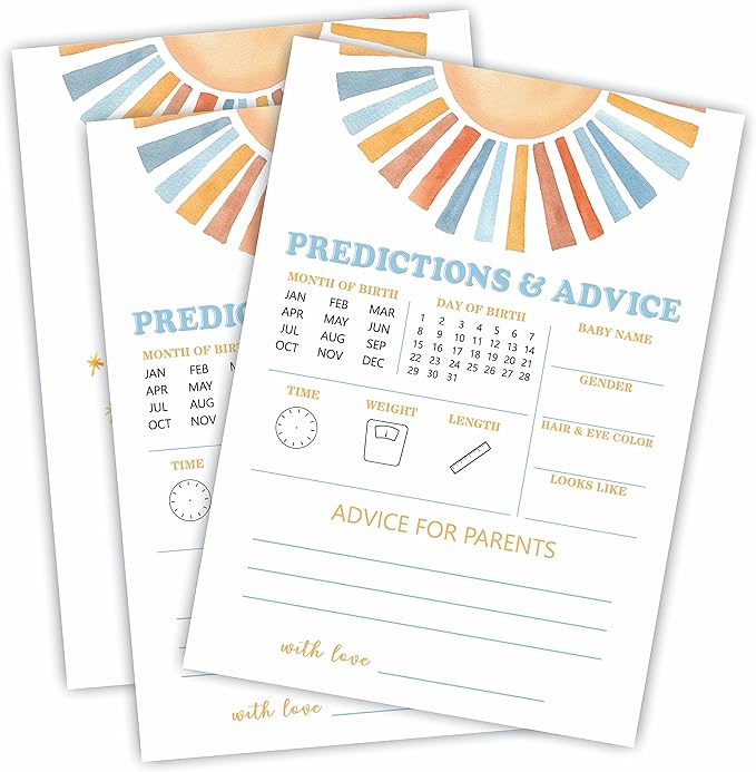 Retro Sunshine Predictions & Advice Baby Shower Game Kit - Here Comes The Sun - 30 Double-Sided Fill In Game Cards For Baby Shower, Gender Reveal Party Favor, Activity & Supplies - A02