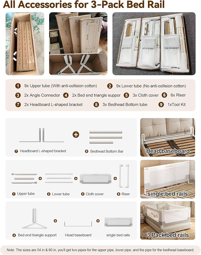 3 Piece Bed Rails for Queen Bed, No-Drill Needed Baby Bed Rail Guard for Toddlers with Height Adjustable, Thickened Child Safety Side Railing Guards/Bedrail for Kids, White/Grey, 60x78.7x78.7in