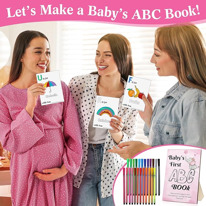 Geelin 51 Pcs Fun Baby Shower Game Activities First Abc Book Sign Coloring Game Card 26 Alphabet a to Z Coloring Card with 24 Watercolor Pen Storage Bag for Baby Shower Party(Pink Elephant)