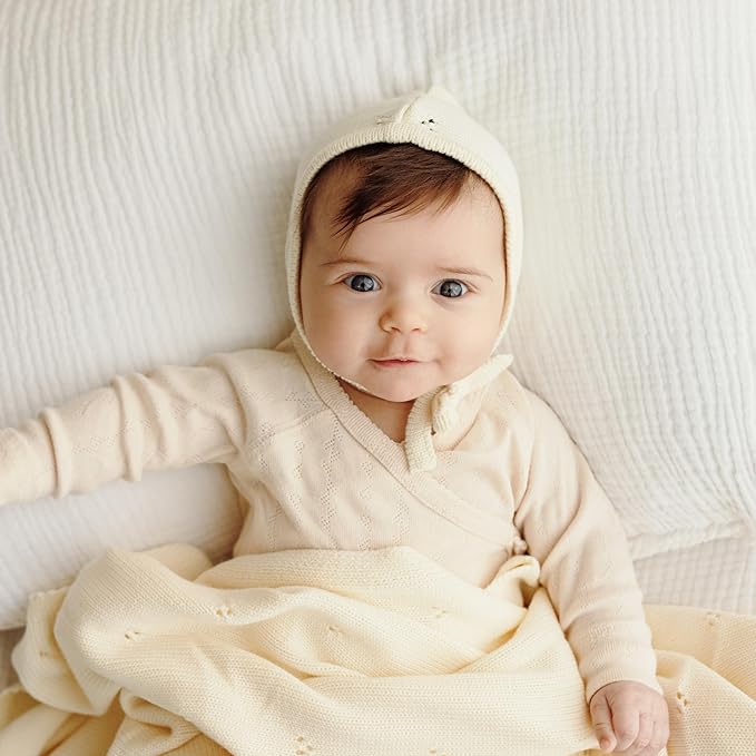Organic Pointelle Receiving Swaddle Blanket for Girls - 100% Luxury Organic Soft Cotton Knit Warm Cozy Cuddle Stroller Crib Blanket for Newborns Infants & Toddlers (Mocha + Hat)