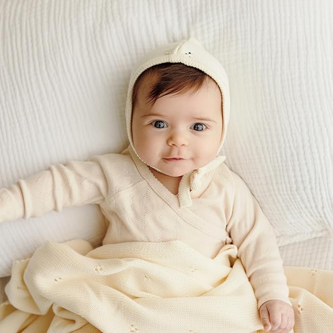 Organic Baby Blanket + Hat Gift Set for Boys - 100% Soft Luxury Cotton Receiving Swaddle Blanket + Bonnett Registry for Newborns & Infants (Powder Blue + Hat)