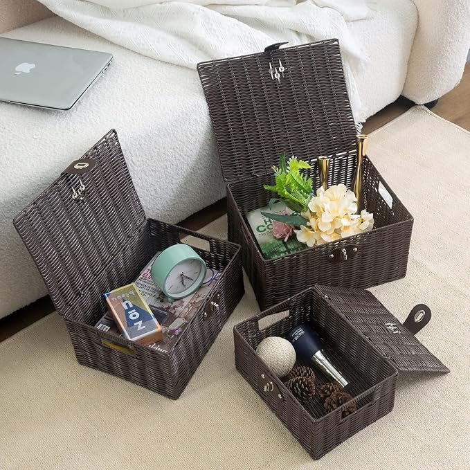 Set of 3 Woven Wicker Storage Basket Box with Lid & Lock, Built-in Carry Handles, Multifunctional Storage Organiser for Nursery, Baby, Clothes, Toys, Books, Large/Medium/Small Size (Brown)