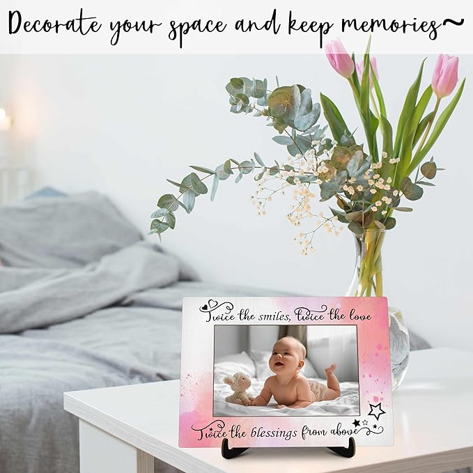 Twins Baby Pictures Frame, Watercolor Baby Photo Frame with Stand, Twins Gifts for Babies, New Baby Gifts For New Mom Dad, Home Living Room Bedroom Decoration -a73