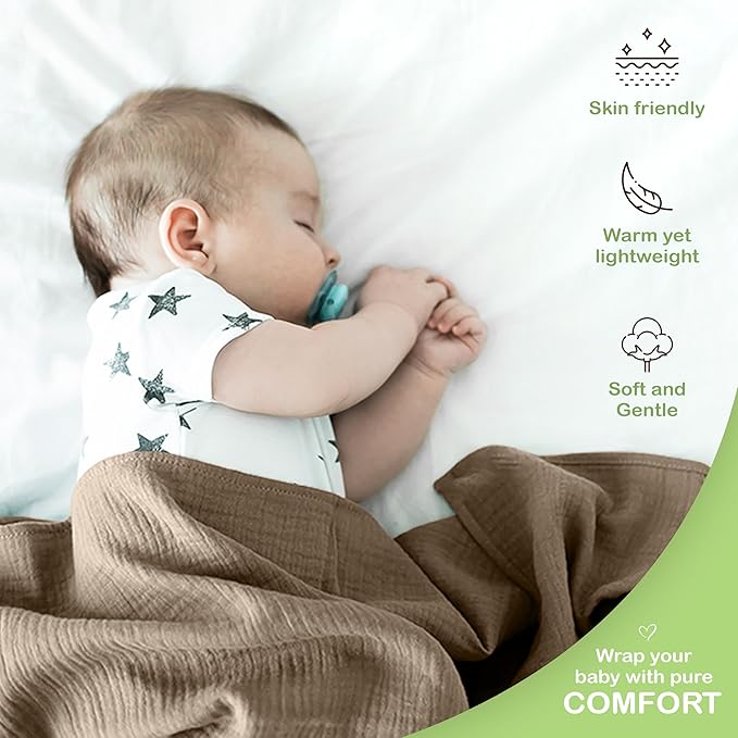 Organic Cotton Muslin Baby Blanket - 47x47 Inch Breathable Swaddle, Hypoallergenic Double-Layer, Versatile Use (Olive/Ivory, 47x47 Inch)