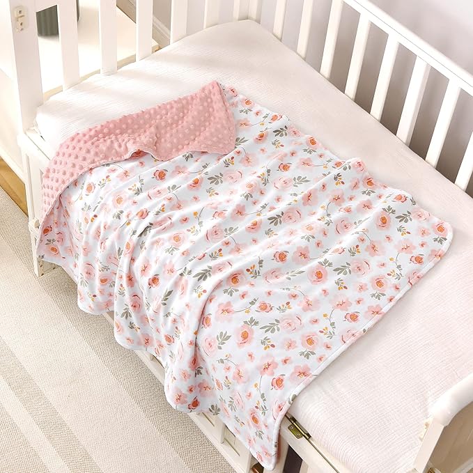 DaysU Silky Micro Soft Plush Baby Blankets for Girls with Print Floral Pattern and Soothing Raised Dots, Double Layer Bed Throws for Baby Crib, Blossom, Pink, 30x40 Inches