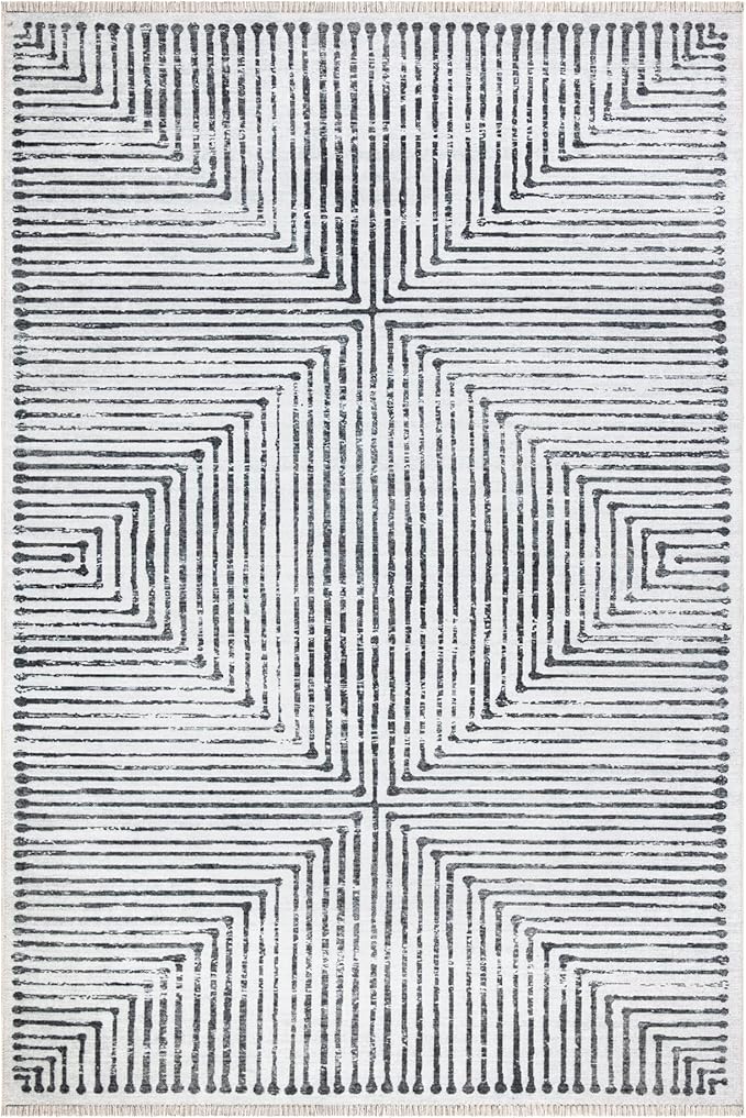 Bloom Rugs Washable Non-Slip 2x3 Rug - Ivory/Black Striped Area Rug for Living Room, Bedroom, Dining Room, and Kitchen - Exact Size: 2' x 3'