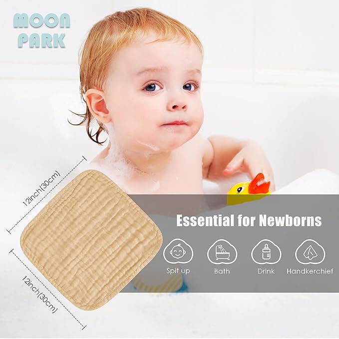 MOON PARK Baby Washcloths, 12 Pack - 12x12 Inches, Small Burp Cloths and Baby Wipes - 100% Cotton Muslin Ultra Soft for Newborn, Infant and Toddlers - Brown
