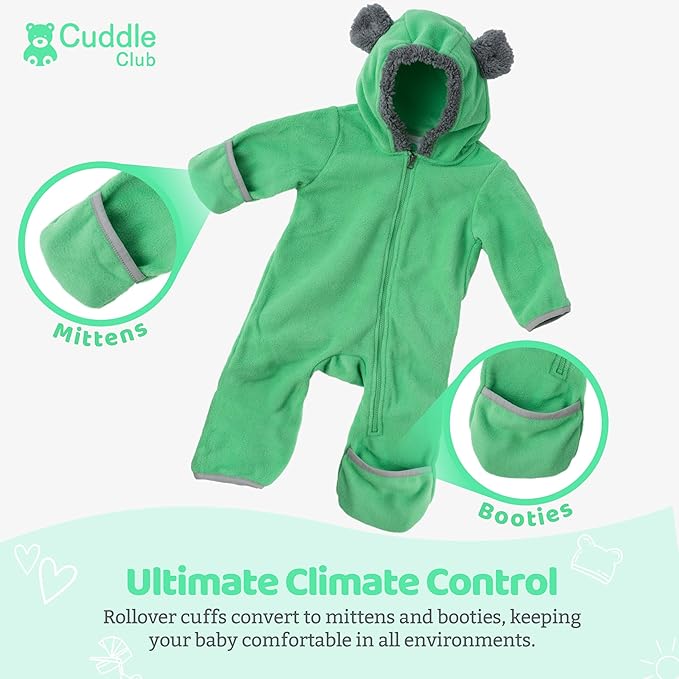 Cuddle Club Fleece Baby Bunting Bodysuit with Hood, Convertible Mittens & Booties, Car Seat Friendly, Soft & Warm, Easy Zip