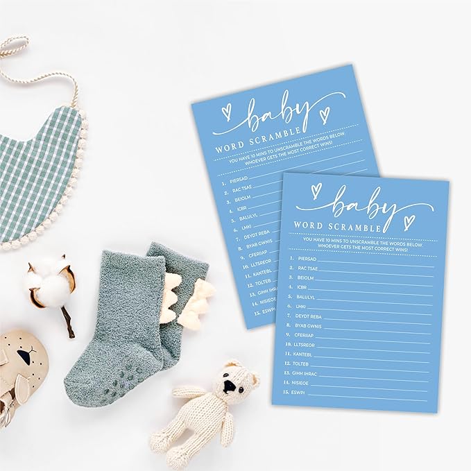 Baby Word Scramble Baby Shower Game Cards - Minimalism Blue - 30 Double-Sided Fill In Style Game Cards With Answer Card, Gender Reveal, Baby Announcement, Party Games & Activity - C14