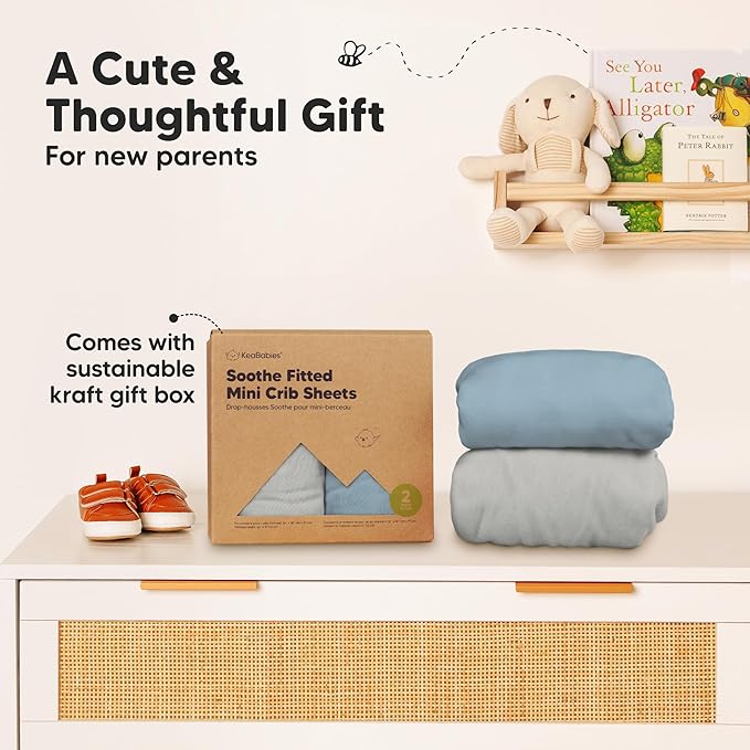 2-Pack Mini Crib Sheets Fitted - 38x26 Pack N Play Sheets for Pack and Play Mattress, Organic Cotton, Soft & Breathable Playard Bedding, Neutral Mini Toddler Bed Cover for Boys, Girls (Steel)