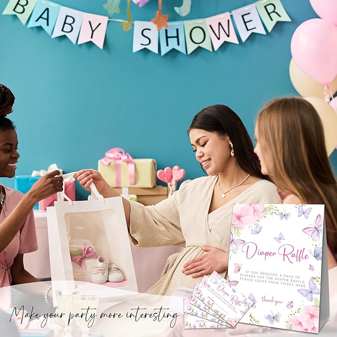 Watercolor Butterfly Diaper Raffle Set For Baby Shower - 50 Raffle Tickets With 1 Standing Sign - Baby Announcement, Gender Reveal Baby Shower Party Decoration Game Set - A03