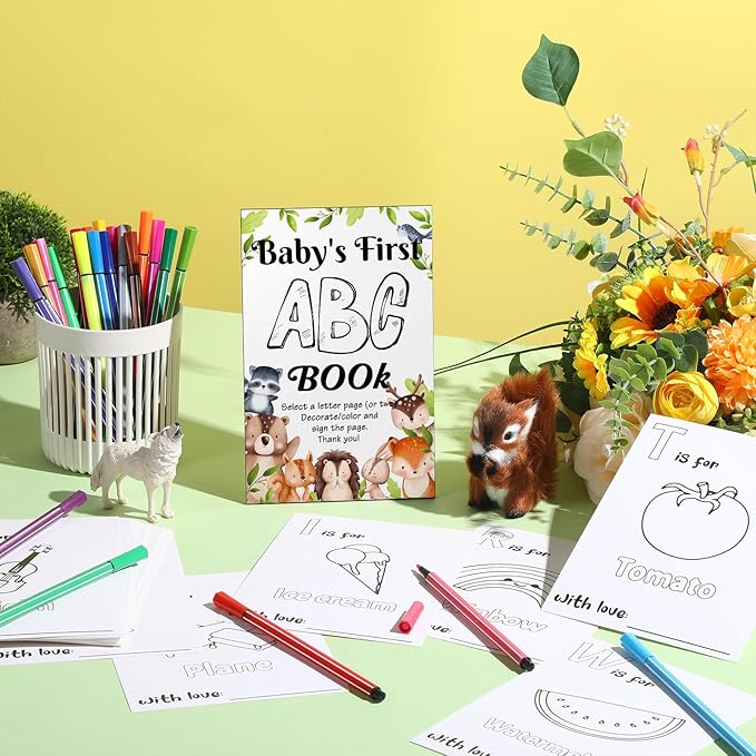 Geelin 51 Pcs Fun Baby Shower Game Activities First Abc Book Sign Coloring Game Card 26 Alphabet a to Z Coloring Card with 24 Watercolor Pen Storage Bag for Baby Shower Party(Woodland)