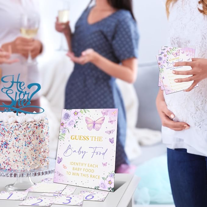 Guess the Baby Food Game Shower, 8x10 Inches Sign 25 Answer Cards and 6 Number Cards, Butterfly Kisses Shower Party Decorations Supplies Favors - C04