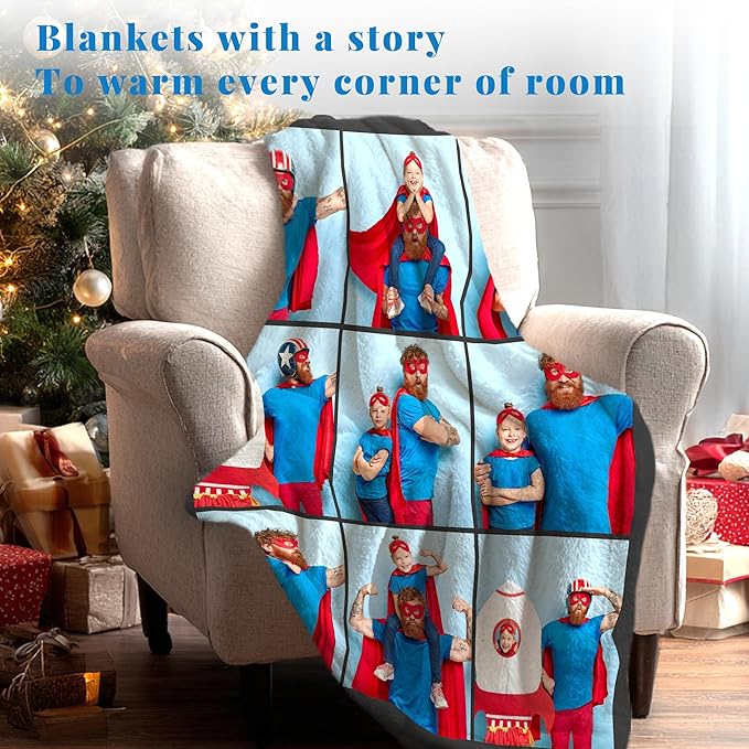 Custom Personalized 9 Photo Collage Blanket Thow Gifts with Text, Customized Pictures Blankets Gift for Christmas Birthday Thanksgiving Adults Kids Dad Mom Girlfriend Boyfriend (9 Grid)