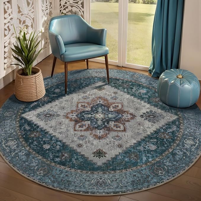 Ciicool Boho 5x5ft Round Area Rug Washable Bedroom Rug Non-Slip Oriental Entryway Throw Rug Low-Pile Indoor Circle Carpet for Dining Room