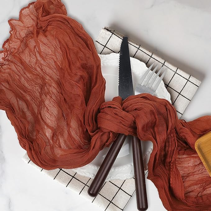 Le courant 12pcs 10Ft Cheesecloth Table Runner, Rustic Boho Gauze Cheese Cloth Runner Table Runner for Weddings Bridal Baby Shower Birthday Holiday Parties Home Decor, Terracotta