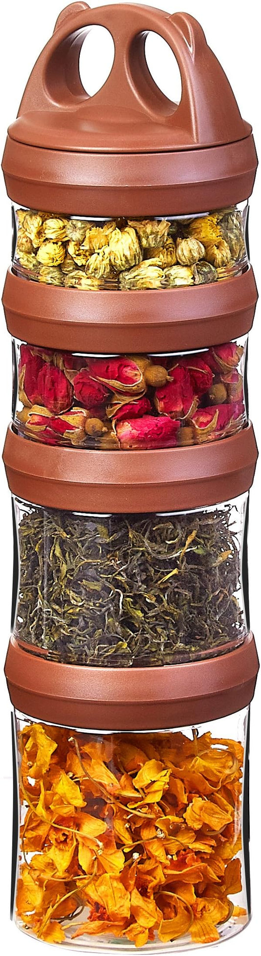 SELEWARE Portable Stackable Food Storage Containers for Snacks Formula Powder and Drinks Twist Lock System Airtight Leak-proof BPA and Phthalate Free 4 Piece Jars 31oz Brown