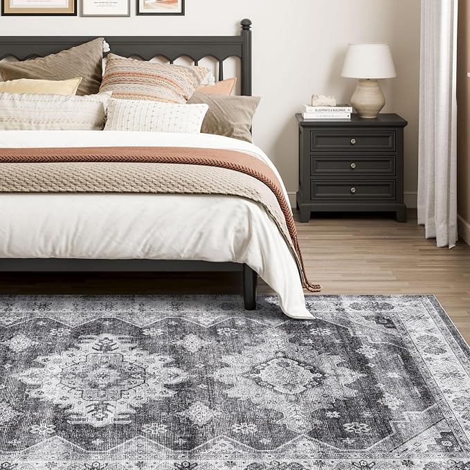 Dripex Vintage Washable Area Rug - 5x8 Distressed Rugs for Living Room Bedroom Oriental Medallion Floral Print Carpet Low-Pile Indoor Soft Non-Slip Accent Rug Farmhouse Office Home Decor