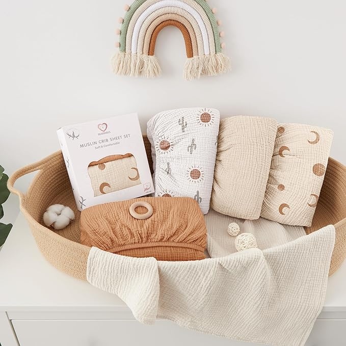 Bearmoss Muslin Mini Crib Sheets for Pack N Play Mattress - 100% Cotton - 38"x26" Soft Breathable Playard Baby Crib Sheets Neutral for Boys Girls - 2 Pack (Brown Moon)
