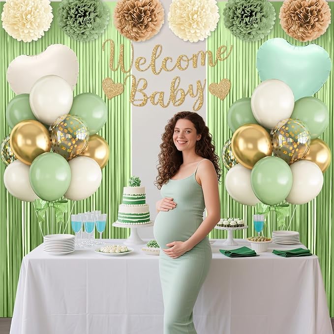 Sage Green Gold Baby Shower Decorations,Welcome Baby Banner with Sand White Green Balloons Fringe Curtains Paper Pom Poms Flowers Tassels for Girl Boy Boho Baby Shower Gender Reveal Party Supplies