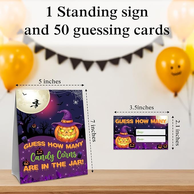 Halloween How Many Candy Corns Are In The Jar - 1 Standing Sign & 50 Guessing Cards - Halloween Pumpkin Party Game & Decoration For Boys, Girls, Adults - Baby Shower, Birthday Game Set - A08