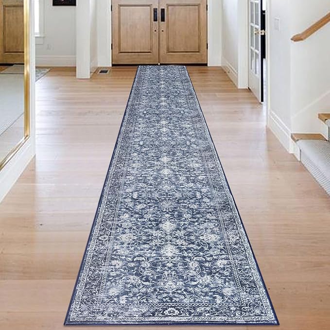 KILOCOCO Hallway Runner 2.6x18 Rug Runner Printed Vintage Floral Washable Kitchen Runners Non-Slip Rubber Backed Runners for Hallways Laundry Room Distressed Boho Rugs for Bedroom, Blue