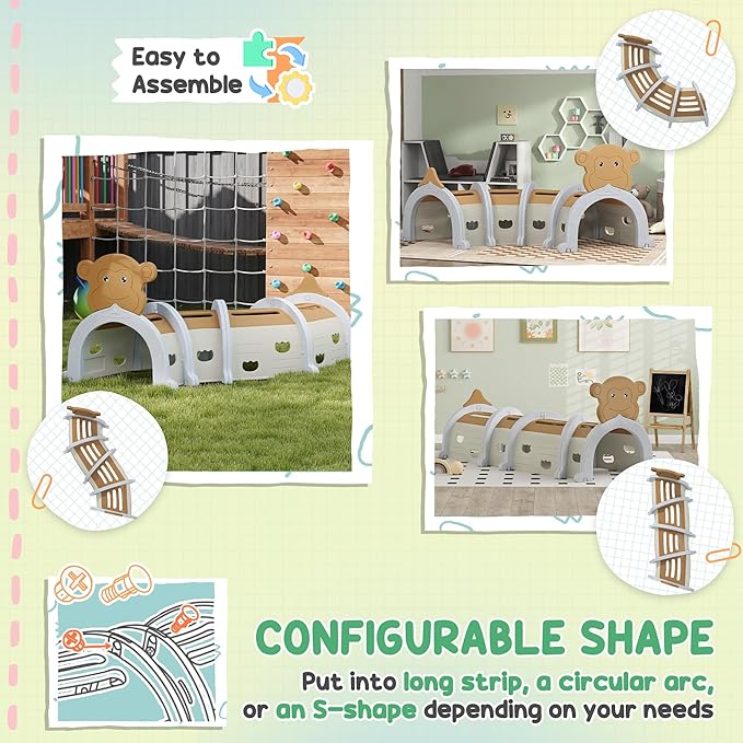 Qaba Monkey Tunnel, Toddler Tunnel for Kids Crawl and Climb Through, Kids' Play Structure Indoor Outdoor, 4 Sections, Brown