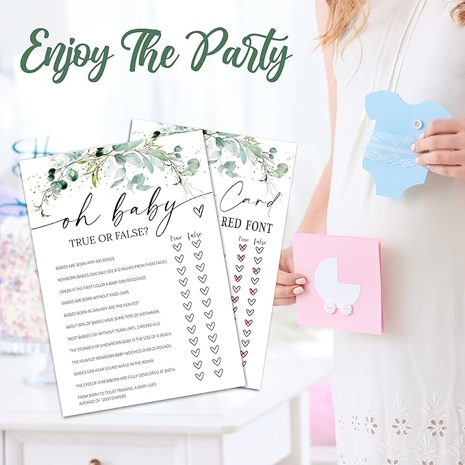 Greenery Baby Shower Game Cards - Set of 30 True Or False Game - Double Sided Print Baby Announcement Gender Reveal Card for Parents to Be - Baby Shower Party Activities Supplies - A05