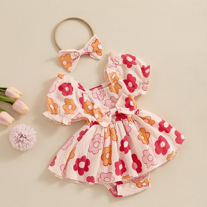 Baby Girls Floral Cotton Leotard Romper Newborn Daisy Playsuits Ruffled Sleeve Onesie Infant Jumpsuit Clothes Headband