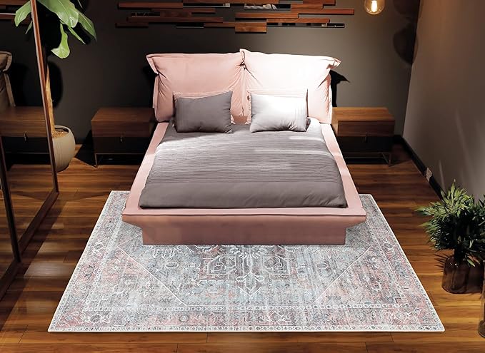 Bloom Rugs Washable Non-Slip 6' x 9' Rug - Light Pink/Light Blue Traditional Medallion Area Rug for Living Room, Bedroom, Dining Room, and Kitchen - Exact Size: 6' x 9'