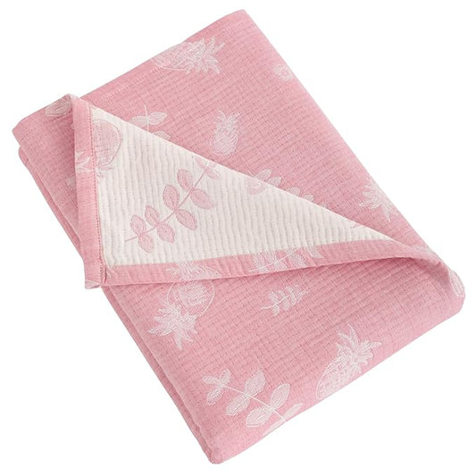 NTBAY 3 Layer Oversized Muslin Cotton Toddler Blanket, 45x60 Inches Jacquard Reversible Nursery Bed Blanket, Super Soft and Thermal Crib Blanket for All Seasons, Baby Gift, 45"x60", Pink Pineapple