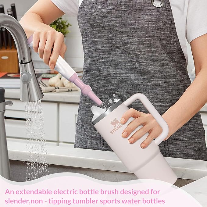 Electric Baby Bottle Brush Cleaner with Extended Handle & Drying Holder, Baby Bottle Brush Set with Silicone Bottle/Nipple/Crevice/Brush,Straw Cleaner,Lifesaver Automatic Bottle Cleaner,Pink
