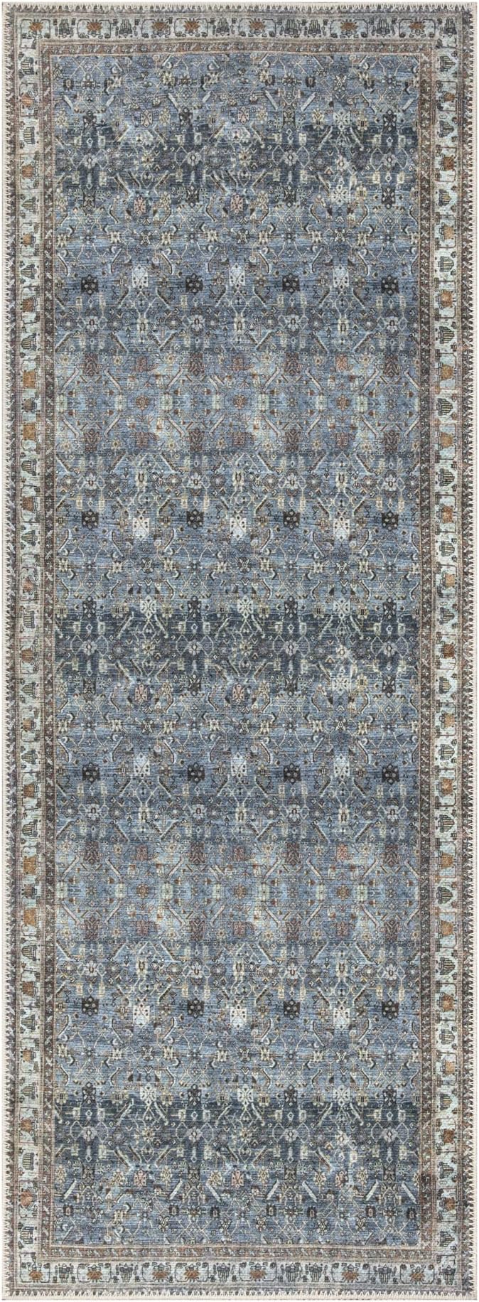 Bloom Rugs Washable Non-Slip 7 ft Runner - Blue/Beige Traditional Runner for Entryway, Hallway, Bathroom, and Kitchen - Exact Size: 2.5' x 7'
